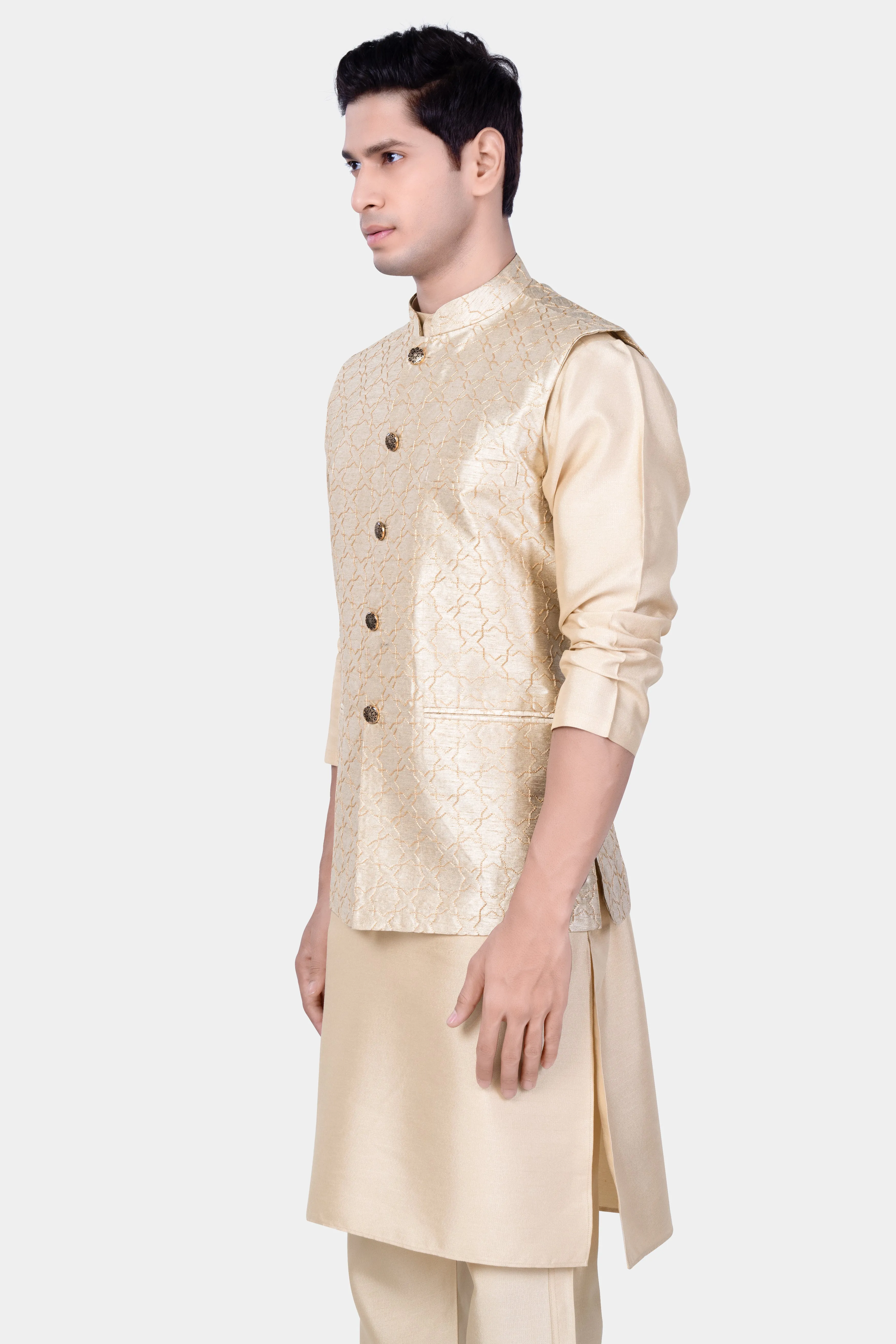 Almond Brown Kurta Set With Pearl Bush Cream hexagon Designer Embroidered Nehru Jacket