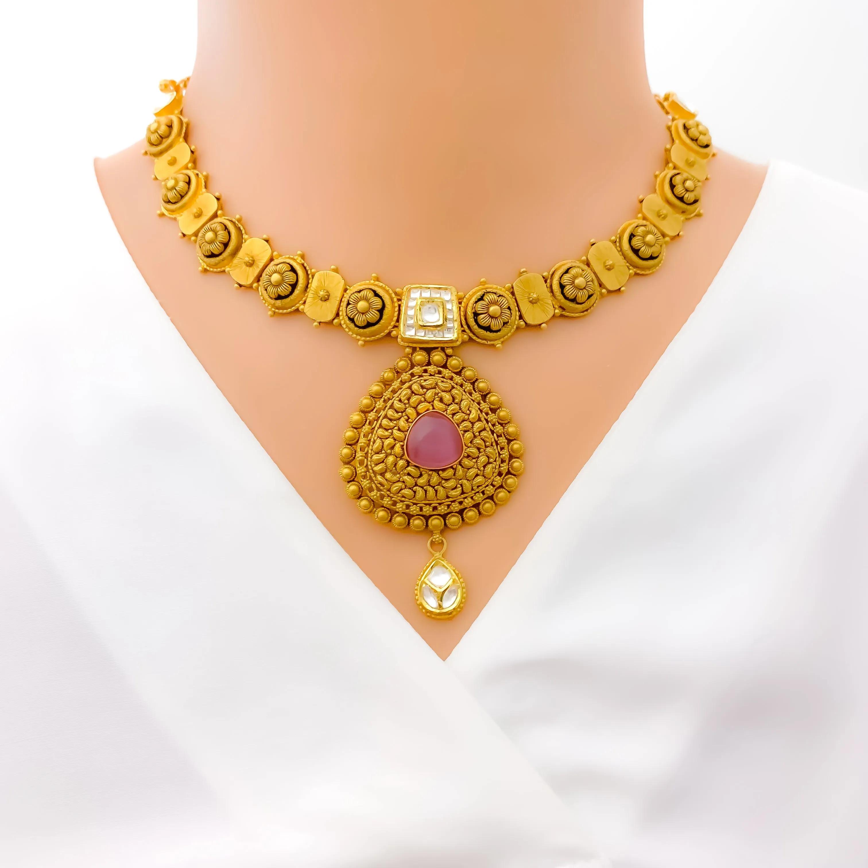 Antique Floral Drop 22k Gold Necklace Set