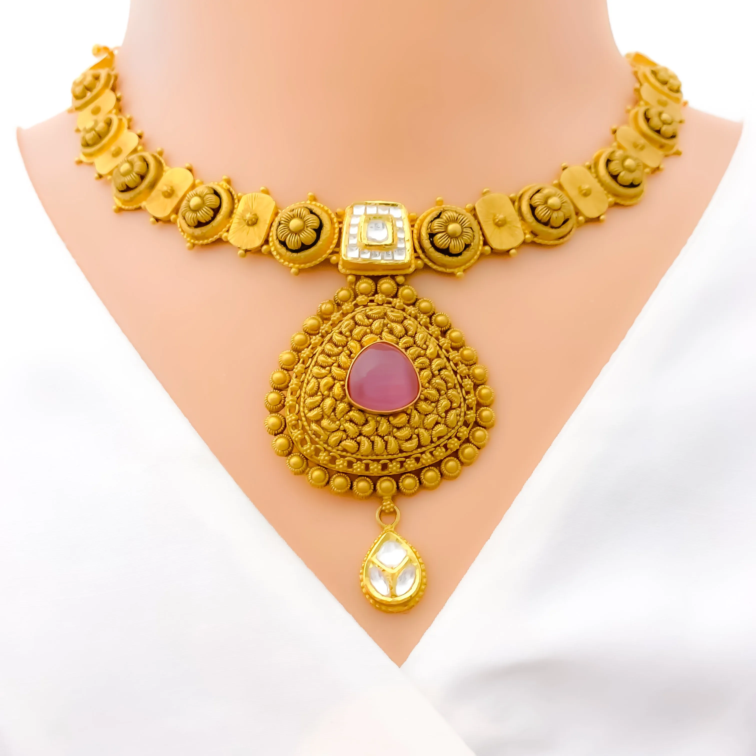 Antique Floral Drop 22k Gold Necklace Set