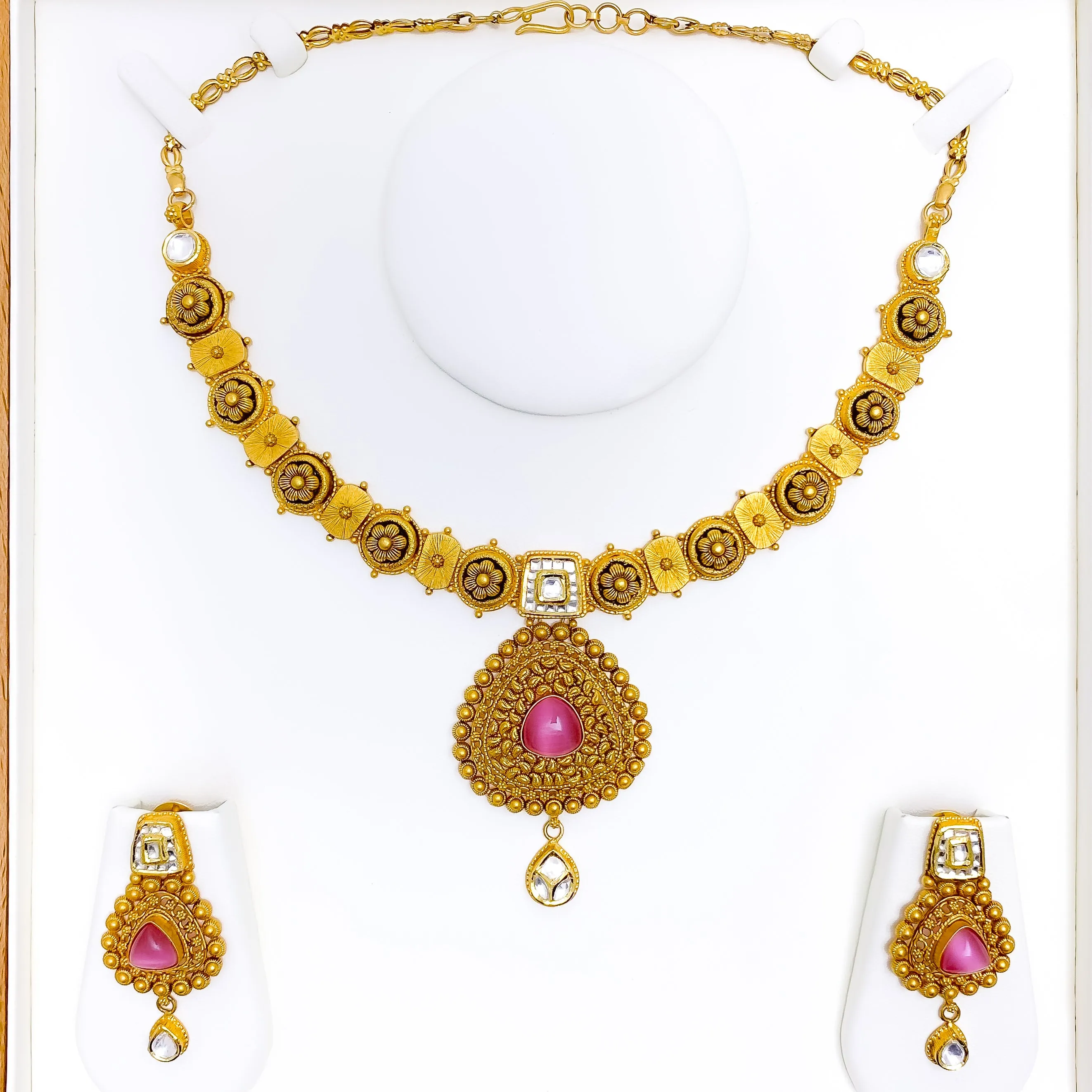 Antique Floral Drop 22k Gold Necklace Set