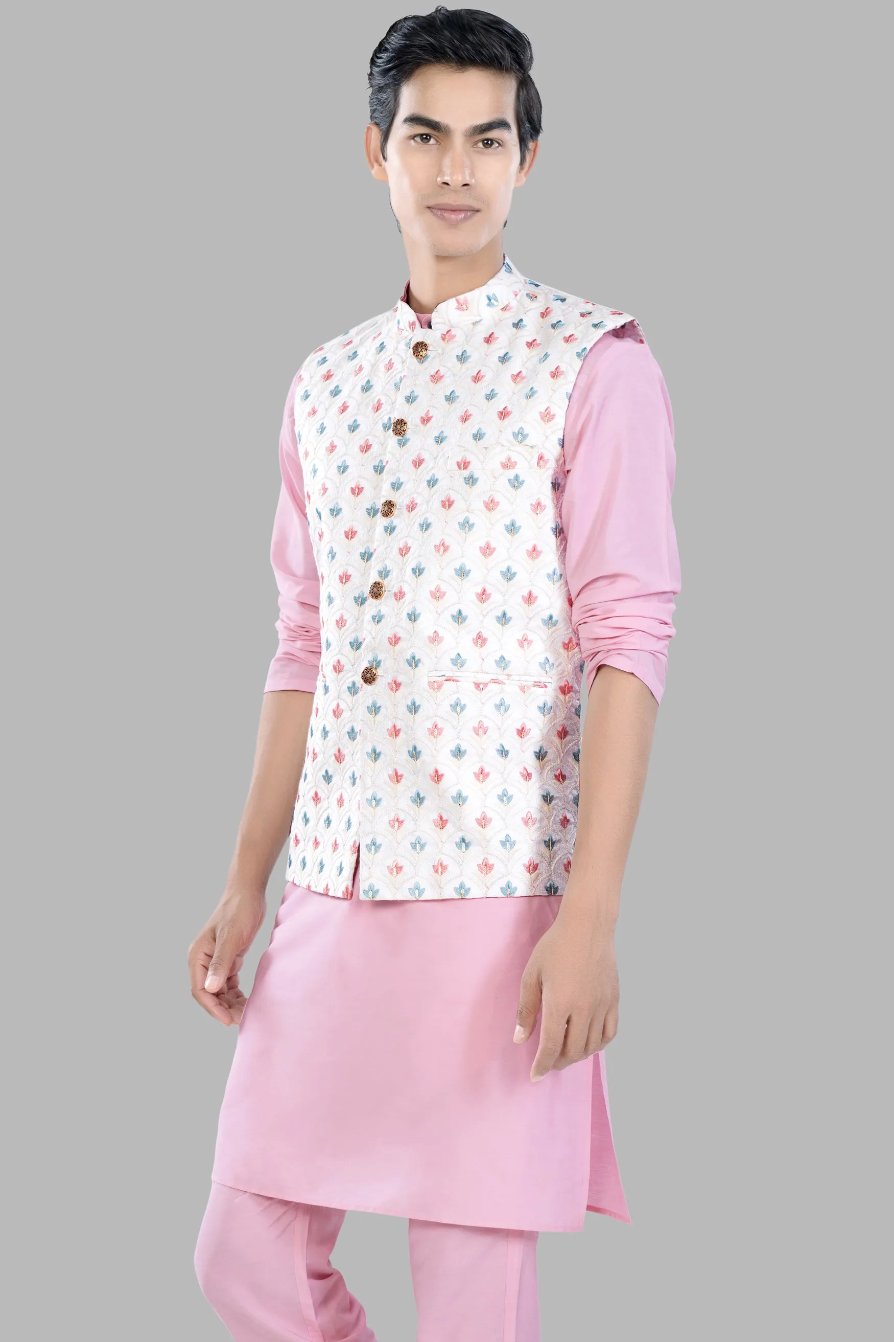 Azalea Pink Kurta Set with Bright White and Carnation Pink Leaves Thread Embroidered Designer Nehru Jacket