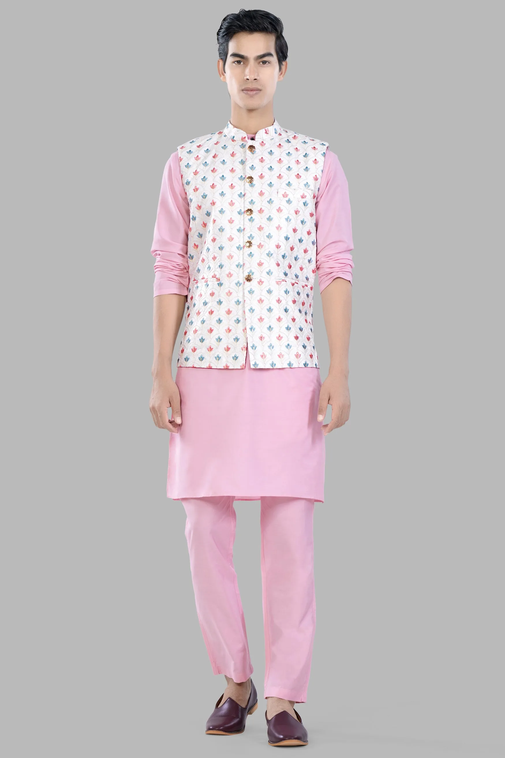 Azalea Pink Kurta Set with Bright White and Carnation Pink Leaves Thread Embroidered Designer Nehru Jacket