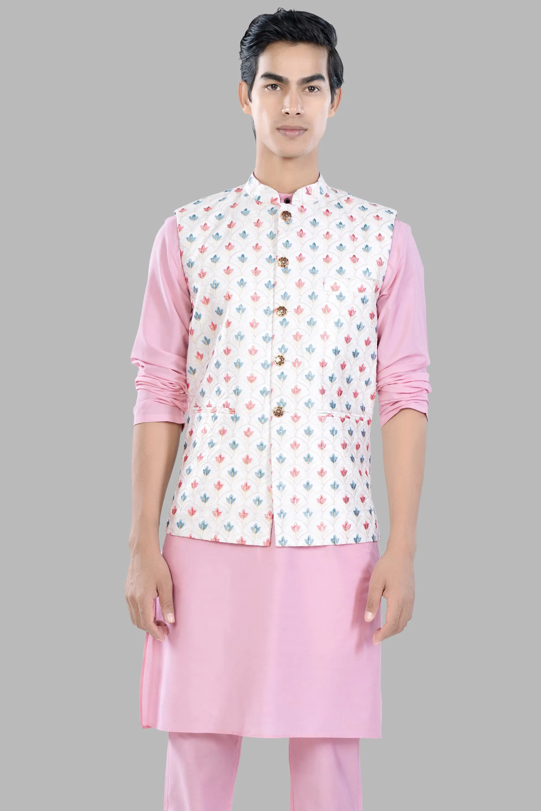 Azalea Pink Kurta Set with Bright White and Carnation Pink Leaves Thread Embroidered Designer Nehru Jacket