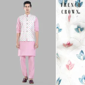 Azalea Pink Kurta Set with Bright White and Carnation Pink Leaves Thread Embroidered Designer Nehru Jacket