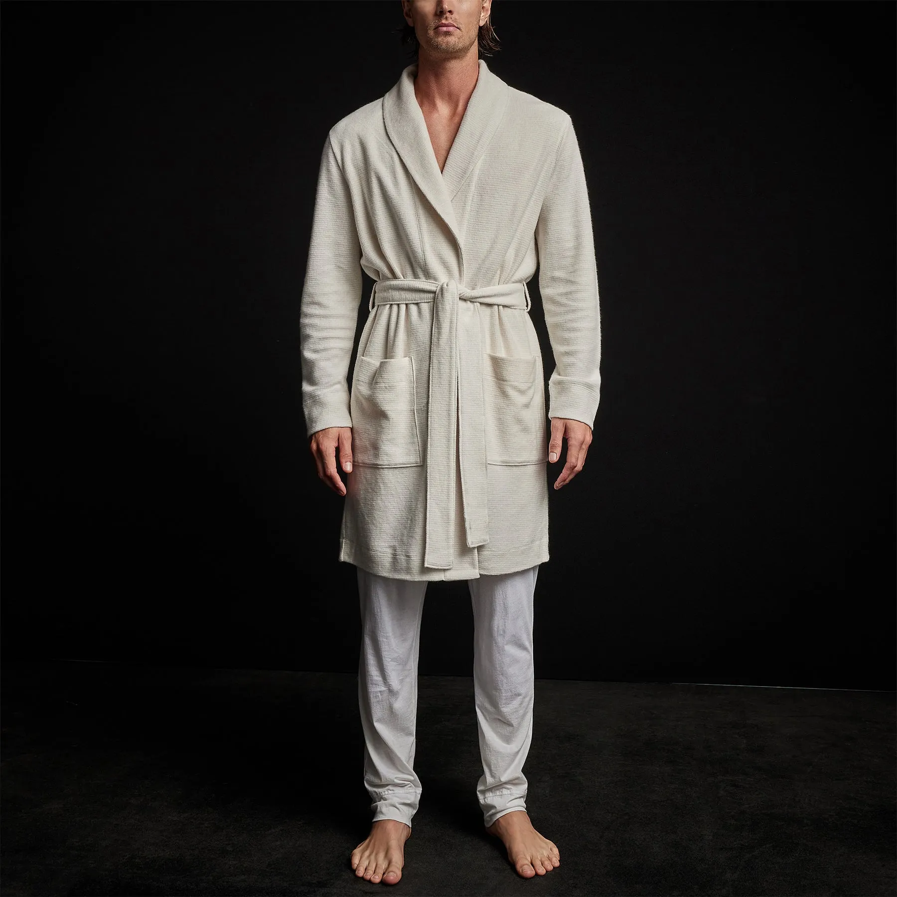 Brushed Thermal Knit Hooded Robe - Oyster