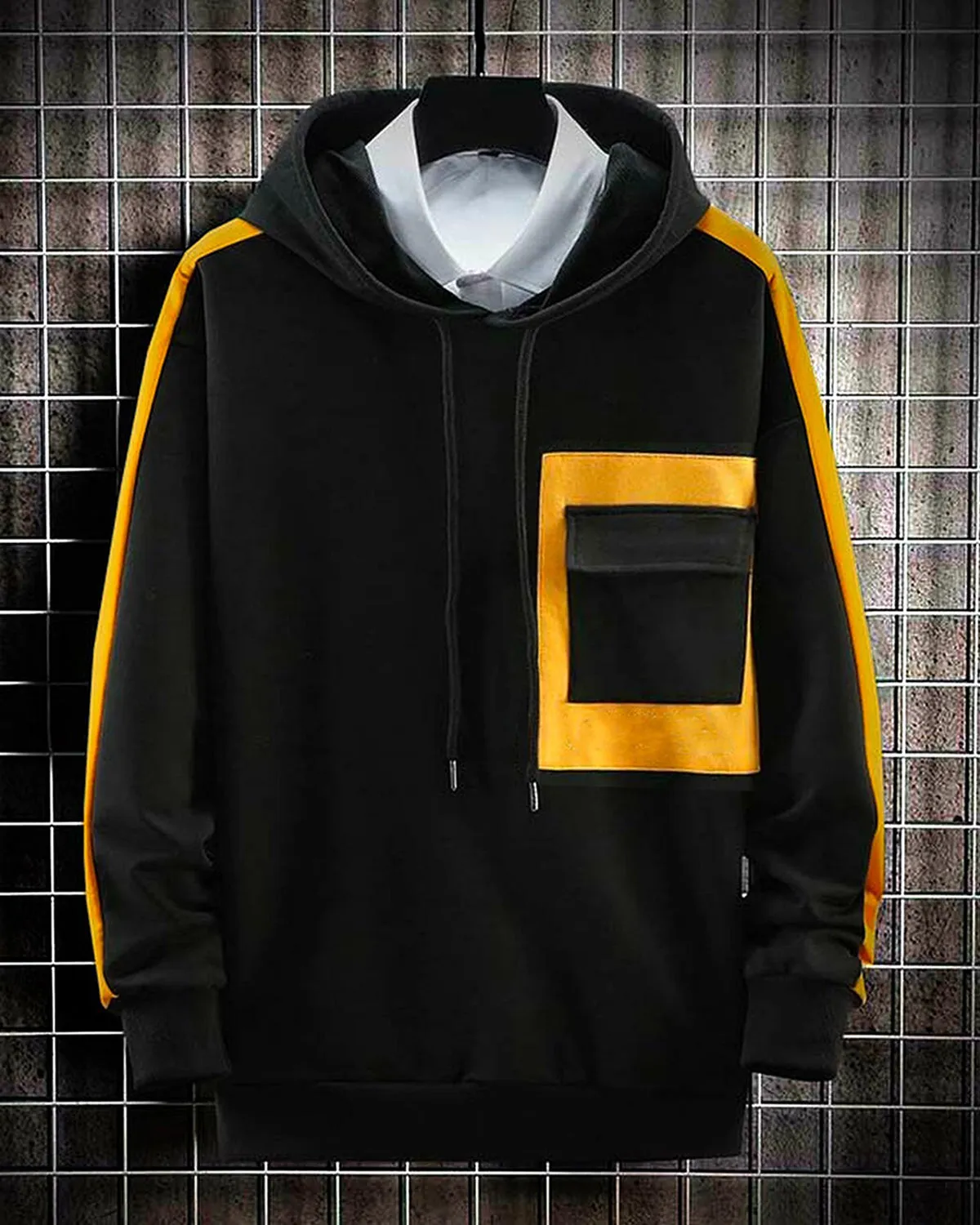 Full Sleeve Color Block Men Black Yellow Sweatshirt