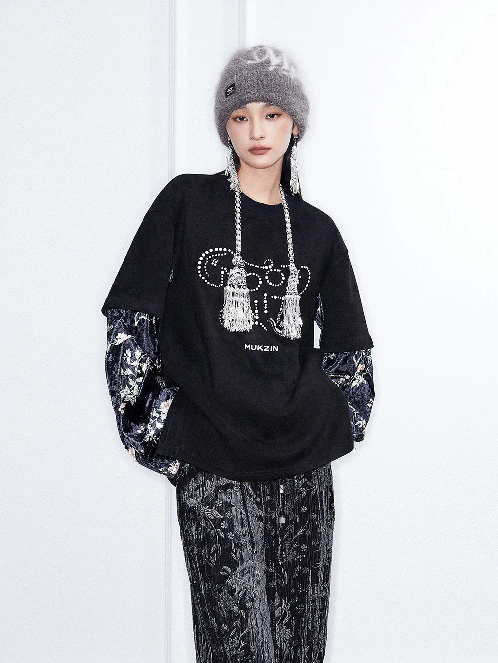 MUKZIN Linglong“Soft Armor”Round Neck Faux Two-Piece Sweatshirt