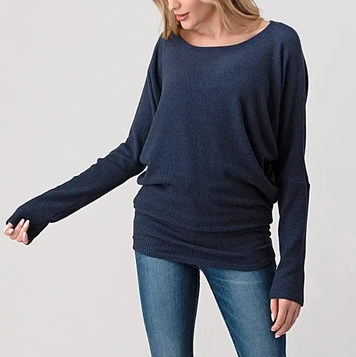 Navy Ribbed Dolman Top - T342