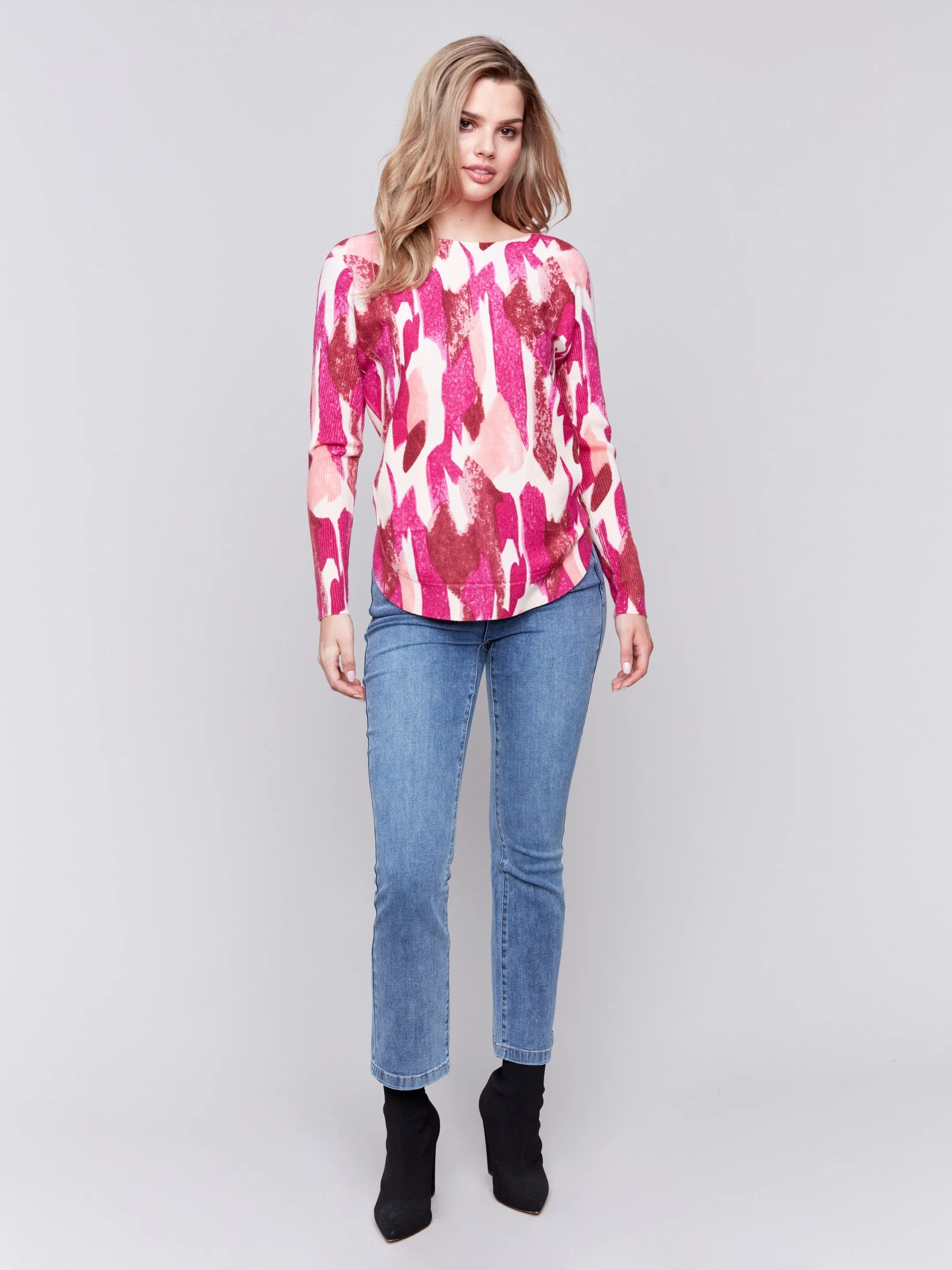 Printed Plush Knit Sweater - Fuchsia