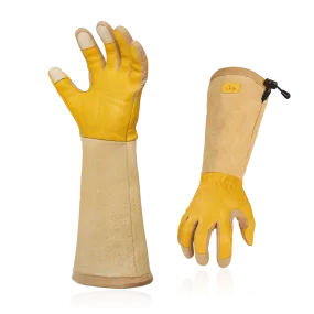 VGO 1Pair/2 Pairs Premium Cow Grain Leather Extra-Long Cuff Thorn proof Gardening Gloves (Men's Gold, CA1013-M)